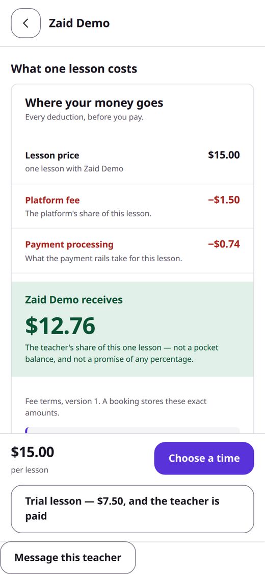 Phone screen: a teacher's profile with a box called Where your money goes, listing the lesson price, the platform fee, payment processing and what the teacher receives.